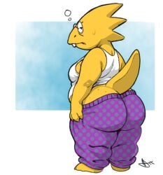 alphys anthro clothing eyewear female glasses lizard overweight pajamas reptile scalie sensible_dude2 shirt solo tank_top topwear undertale_(series) yellow_body
