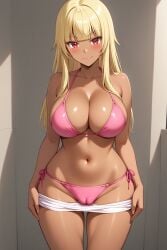 1girl ai-created ai_generated bangs bare_arms bare_shoulders bikini bikini_bottom blonde_hair blunt_bangs blush breasts cameltoe clavicle cleavage closed_mouth clothes_pull clothing dark-skinned_female dark_skin female female_only gokukoku_no_brynhildr groin gyaru halterneck high_resolution indoors large_breasts long_hair looking_at_viewer navel pantsu pink_bikini pink_clothing pink_panties pink_swimsuit pink_underwear portrait red_eyes rena_aikawa_(pixiv_user) shiny shiny_skin shorts shorts_pull side-tie_bikini side-tie_bikini_bottom side-tie_clothing side-tie_swimsuit skindentation smile solo standing stomach string_bikini striptease swimsuit tachibana_mina_(gokukoku_no_brynhildr) tanned thigh_gap thighs underwear white_shorts