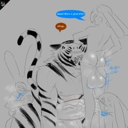 anal anthro artist_name ass balls big_balls big_penis blush bodily_fluids cheek_tuft dialogue ears_down english_text facial_tuft felid fellatio foursome fur genitals group group_sex hi_res lagomorph leporid light lighting long_tail male male/male mammal markings mature_male muscular muscular_anthro muscular_male musk musk_clouds musky_balls musky_penis neck_tuft nipples noel_valentin_(xikitsune) nude oral pantherine penile penis pivoted_ears rabbit rimming rook_(garfigs) sex speech_bubble striped_body striped_fur striped_markings striped_tail stripes sweat tail tail_markings text tiger tuft whiskers xikitsune