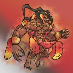 1:1 abstract_background absurd_res ankle_cuffs anthro arm_tuft armor beard big_hands big_penis bracers brown_body chrm claws cuff_(restraint) digitigrade erection facial_hair final_fantasy floating genitals hi_res horn ifrit_(final_fantasy) ifrit_(final_fantasy_x) jewelry leg_tuft long_arms looking_aside male muscular muscular_male necklace open_mouth pecs penis restraints shoulder_tuft solo square_enix thigh_tuft tuft vein veiny_penis