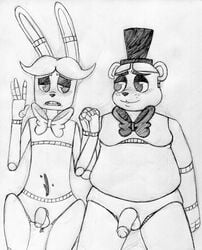 2015 after_sex animatronic anthro balls bear black_and_white blush bonnie_(fnaf) bow_tie cum cum_on_stomach duo five_nights_at_freddy's flaccid freddy_(fnaf) hand_holding hat inkyfrog lagomorph machine male mammal monochrome penis rabbit robot simple_background smile top_hat traditional_media_(artwork) video_games white_background yaoi