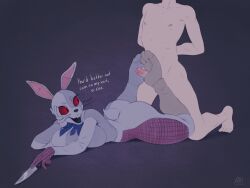 4:3 anthro ass big_breasts big_butt black_eyes black_nose blue_bow breasts buckteeth darkriallet dialogue duo eyelashes feet female five_nights_at_freddy's foot_fetish foot_play footjob fur genitals grey_background grey_body grey_fur hi_res holding_knife holding_object human kneeling knife lagomorph leporid lying male male/female mammal nude on_front open_mouth penis rabbit red_sclera scottgames seam_(sewing) sex simple_background stitch_(sewing) tan_body tan_skin teeth text thick_thighs vanny_(fnaf) whiskers wide_hips