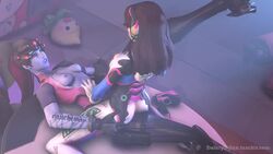 2girls 3d animated areolae bodysuit breasts brown_hair d.va daintydjinn female female_only functionally_nude grinding hugging kissing legs_apart nipples no_sound overwatch purple_hair rubbing source_filmmaker spread_legs tribadism video widowmaker yuri