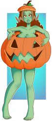 big_breasts brown_hair clever_censor goblin goblin_female green_skin heart-shaped_pupils huge_breasts jack-o'-lantern large_breasts orange_eyes pumpkin transformation wrenzephyr2