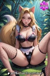 ahri ai_generated big_ass big_breasts big_butt big_thighs bikini bikini_bottom bikini_top black_legwear black_panties blonde_hair brown_eyes cleavage eroticprimeai fishnet_legwear fishnet_stockings fishnets fox_ears fox_tail k/da_series long_hair narrow_waist patreon_username stockings thick_ass thick_thighs