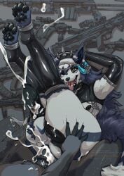 animal_genitalia animal_penis anthro ass azrael balls bodily_fluids canid canine canis clothing cum cumshot duo ejaculation equid equine equine_genitalia equine_penis genital_fluids genitals gun happy hi_res horse jeanwoof knot latex legwear male male/male mammal paws penetration penis ranged_weapon sex stockings tongue tongue_out weapon wolf