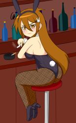 1girls annoyed annoyed_expression ass breasts brown_eyes brown_hair bunny_costume bunny_ears bunny_girl bunnysuit cigarette cigarette_smoke female fishnets karin_(zenostriker) long_hair looking_at_viewer shortstack sitting zenostriker