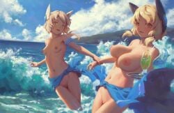 2girls android antica_(bigrbear) bigrbear blonde_hair blush breasts cleft_of_venus day female green_eyes highres holding_another's_wrist large_breasts long_hair looking_at_viewer mechanical_ears multiple_girls navel nipple_piercing nipple_rings nipples nude ocean open_mouth original ostia_(bigrbear) outdoors piercing pussy sarong short_hair small_breasts uncensored water
