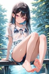 adorable ai_generated black_hair blush blusti cute female looking_at_viewer original pussy seductive seductive_smile wet_clothes