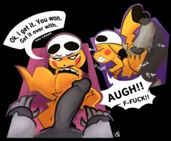 2025 alkaline_(tofuuu) anthro clenched_teeth comic defeat_sex dialogue digital_drawing_(artwork) digital_media_(artwork) duo female feral fleshlight_position generation_1_pokemon genital_piercing genitals interspecies kerchief male male/female nintendo onomatopoeia pattern_background penis piercing pikachu pokemon pokemon_(species) pokephilia presenting profanity pussy simple_background size_difference sound_effects speech_bubble spread_legs spreading stomach_bulge teeth text throbbing throbbing_penis tofuuu vulva vulva_piercing yellow_body