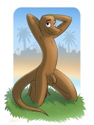 2025 3:4 3_toes absurd_res anthro balls bassil_mccarson biped blue_sky border brown_balls brown_body brown_eyes brown_genitals brown_penis dated day digital_media_(artwork) feet flaccid genitals grass hand_behind_head hi_res humanoid_genitalia humanoid_penis kneeling komodo_dragon lizard looking_at_viewer male male_only monitor_lizard nude nude_anthro nude_male outside penis pinup plant pose raised_arms reptile samareck scalie shaded shadow signature silhouette silhouette_background sky solo tail toes white_border wristband