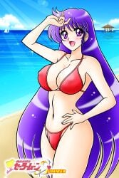adult_swim alluring arm_up bare_legs beach big_breasts bikini bishoujo_senshi_sailor_moon bishoujo_senshi_sailor_moon_s blue_sky blush boat cleavage cloud covered_erect_nipples earrings female hand_on_own_hip high_res hino_rei jewelry light_rays logo long_hair looking_at_viewer matching_hair/eyes ocean open_mouth pin_up purple_eyes purple_hair red_bikini rei_hino sailor_mars sand sky smile sparkle swimsuit tatsumi_kyouhei toei_animation toonami very_long_hair water watercraft