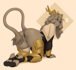 2025 all_fours anthro antlers armor ass bandage bandage_on_face bandage_on_nose blue_eyes blush bottomless bottomless_female bovid clothed clothing eyebrows eyelashes female fur genitals grey_anus grey_body grey_fur grey_hair hair hi_res hooves horn jackalope lagomorph looking_at_viewer looking_back looking_back_at_viewer mammal mouth_closed narrowed_eyes nextel pantsless presenting presenting_hindquarters pseudoregalia pussy raised_tail rear_view simple_background solo sybil_(pseudoregalia) tail tan_background thick_eyebrows thick_thighs topwear unguligrade vulva