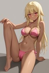 1girl ai-created ai_generated arm_support bangs bare_arms bare_legs bare_shoulders barefoot bikini bikini_bottom blonde_hair blunt_bangs blush breasts cameltoe clavicle cleavage closed_mouth clothing dark-skinned_female dark_skin feet female female_only gokukoku_no_brynhildr halterneck hand_on_own_knee high_resolution knee_up large_breasts legs long_hair looking_at_viewer medium_breasts navel pink_bikini pink_swimsuit portrait red_eyes rena_aikawa_(pixiv_user) side-tie_bikini side-tie_bikini_bottom side-tie_clothing side-tie_swimsuit sidelocks sitting smile solo spread_legs stomach string_bikini striptease swimsuit tachibana_mina_(gokukoku_no_brynhildr) thighs toenails toes underboob