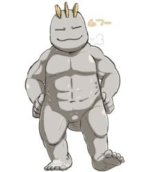 abs anthro barefoot belly breath closed_eyes crest feet grey_skin hands_on_hips heavy_breathing hisashino humanoid_feet machop male male_only musclegut muscular navel nintendo no_genitals no_nipples nude pecs pokemon smile soles solo standing text video_games walking white_background