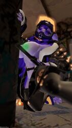 abandoned_building abs bike_helmet blue_eyes edited eyeliner female glowing_eyes glowing_nipples gold gold_(metal) green_nipples hand_on_wall head_tilt jacket kneeling lovander lovander_(mayosplash) nipples open_jacket palworld partially_clothed peeking_around_corner pistol purple_body purple_hair revolver solo solo_focus stockings sweat sweaty_body vrchat weapon zoroark