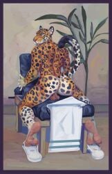 anthro anus ass backsack balls black_markings clothing felid footwear fur genitals hi_res hybrid jaguar looking_back male mammal markings massage_parlor massage_table nemera nude nude_anthro nude_male orange_body orange_fur pantherine sandals shoes solo spots spotted_body spotted_fur white_body white_fur