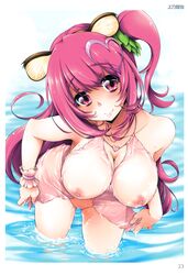 absurdres animal_ears blush breasts erect_nipples feet_in_water female female hair_ornament head_tilt heart heart_hair_ornament highres kamino_ryuuya large_breasts leaning_forward lips long_hair looking_at_viewer nipples one_side_up pink_eyes pink_hair scan see-through see-through_silhouette smile soaking_feet solo swimsuit toranoana wading water wet wet_clothes wet_swimsuit wrist_cuffs