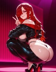 ai_generated ass balecxi bare_shoulders black_choker black_jacket black_panties cropped_jacket fate/grand_order fate_(series) female hair_over_one_eye high_heels large_breasts leather long_hair looking_at_viewer oda_nobunaga_(avenger)_(fate) oda_nobunaga_(fate) pants red_eyes red_hair smile solo squatting thighs thong underwear v