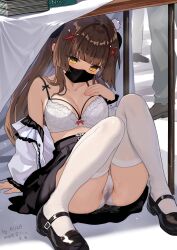 absurdres bare_shoulders black_mask black_shoes black_skirt book book_stack bra breasts brown_hair cleavage commentary_request exhibitionism female hair_intakes hair_ornament highres kkkula_(kula) knees_up large_breasts mask mouth_mask open_clothes open_shirt original panties people public_indecency pussy pussy_juice pussy_juice_puddle shirt shoes skirt solo_focus stained_panties thighhighs under_the_table underwear white_bra white_panties white_shirt white_thighhighs x_hair_ornament yellow_eyes