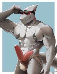 2021 2_penises abs absurd_res anthro areola artist_name barazoku big_penis biped blue_background bodily_fluids bone bulge clenched_teeth clothed clothing dated dripping erection eyewear fingers fish front_view genital_fluids genitals glans glistening glistening_bodily_fluids glistening_genital_fluids glistening_precum goggles grey_body hi_res humanoid_genitalia humanoid_hands humanoid_penis jewelry jockstrap jockstrap_only looking_at_viewer male marine markshark multi_genitalia multi_penis muscular muscular_anthro muscular_male naughty_face naughtyxerigart necklace nipples non-mammal_nipples pecs penis penis_poking_out pinup pose precum precum_drip red_eyes shark simple_background skull smile smirk solo teeth text topless topless_anthro topless_male underwear underwear_only vein veiny_muscles veiny_penis wet wet_body