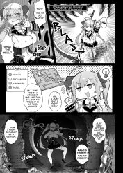 ahoge blonde_hair blush breasts camera doujinshi ero_trap_dungeon female hair_ribbon huge_breasts kagami_uekusa livestream long_hair monster nijisanji recording red_eyes school_uniform scythe stats takamiya_rion tentacle text thick_thighs thighhighs thighs traps twintails video_game_mechanics virtual_youtuber weapon