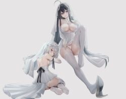 2girls absurdres ahoge albino anklet arm_rest ass back back_ribbon backless_dress backless_outfit bare_back bare_shoulders between_fingers black_eyes black_hair black_ribbon blue_brooch blue_eyes blue_gemstone borrowed_character breasts bridal_gauntlets bridal_lingerie bridal_veil bride bright_pupils center_opening chinese_commentary cleavage cleft_of_venus closed_mouth clothes_lift collarbone colored_eyelashes commentary_request commission cross-laced_clothes cross-laced_dress crossed_arms crossed_bangs detached_collar diamond_(shape) double-parted_bangs dress dress_lift earrings empire_waist female full_body garter_straps gem grey_background grin hair_between_eyes hair_flowing_over heart heart_tattoo heterochromia high-low_dress high_heels highres holding invisible_chair jewelry joshua_(jikongmingxi_suliuguang) knee_up knees large_breasts layered_dress legs legs_folded light_blush light_smile lin_jingling lingerie long_hair looking_at_viewer looking_back median_furrow microdress middle_ring mole mole_under_each_eye mole_under_eye mole_under_mouth mother_and_daughter multiple_girls multiple_moles negligee no_bra original panties pixiv_commission pubic_tattoo pussy red_eyes revealing_clothes ribbon see-through_clothes see-through_panties see-through_veil shoe_dangle shoe_soles shoes sideboob silver_tiara simple_background single_shoe sitting skindentation sleeveless sleeveless_dress smile soles straight_hair strap_pull su_mingxi tattoo thighhighs thighs tiara toes triangle triangle_earrings underwear veil very_long_hair wedding_dress white_bridal_gauntlets white_dress white_eyelashes white_hair white_negligee white_panties white_pupils white_shoes white_thighhighs yokozuwari