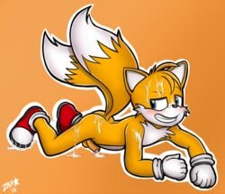 2016 anthro ass balls blue_eyes blush canine chest_tuft clothing cum cum_covered cum_on_face erection footwear fox fur gloves hair half-closed_eyes leaking lying male male_only mammal messy penis shoes signature simple_background smile solo sonic_(series) tails tuft uncut zaxstar