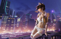 1girls 2017 big_breasts blush bra breasts brown_hair eyebrows eyelashes female female_only glasses highres human jacket lips lipstick looking_at_viewer moulinrouge nose open_clothes overwatch panties pinup purple_lipstick shiny shiny_skin short_hair solo standing stomach thighhighs tracer white_bra white_panties