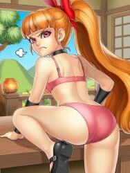1girls ai ai_art ai_generated anonemus1 back_view blossom_(fusionfall) blossom_(powerpuff_girls) cartoon_network female fusionfall hand_on_table leg_on_table orange_hair pink_eyes powerpuff_girls scenery solo solo_female