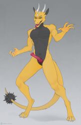 animal_genitalia anthro claws dragon erection featureless_chest genital_slit genitals gradient_background green_eyes grey_background grey_body hi_res horn knot knotted_penis male mythological_creature mythological_scalie mythology nude_anthro nude_male penis scalie simple_background sobakasatany solo standing toe_claws tongue tongue_out yellow_body