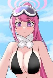 1girls big_breasts bikini blue_archive breasts eimi_(blue_archive) eimi_(swimsuit)_(blue_archive) female female female_only goggles goggles_on_head halo huge_breasts looking_at_viewer outstretched_arms pink_hair ponytail purple_eyes swimsuit upper_body zenostriker