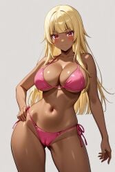 1girl ai-created ai_generated bangs bare_arms bare_shoulders bikini bikini_bottom blonde_hair blunt_bangs blush breasts cameltoe clavicle cleavage closed_mouth clothing dark-skinned_female dark_skin eyebrows female female_only gluteal_fold gokukoku_no_brynhildr groin halterneck hand_on_hip hand_on_own_hip high_resolution large_breasts long_hair looking_at_viewer navel pink_bikini pink_swimsuit portrait red_eyes rena_aikawa_(pixiv_user) side-tie_bikini side-tie_bikini_bottom side-tie_clothing side-tie_swimsuit skindentation smile solo standing stomach string_bikini striptease swimsuit tachibana_mina_(gokukoku_no_brynhildr) tanned thigh_gap thighs underboob v-shaped_eyebrows