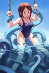 ai_generated arms_up blue_swimsuit brown_eyes brown_hair captured chains female girl imminent_rape one-piece_swimsuit scared tentacle tentacle_rape water white_skin