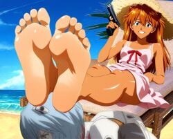 2girls asuka_langley_sohryu ayanami_rei bangs barefoot beach blue_eyes blue_hair blush bodysuit bondage chaise_lounge dominant dominant_female dominant_female_submissive_female feet female female_only femdom fetish foot_fetish foot_focus footstool happy human_footstool human_furniture indoors interface_headset legs long_hair looking_at_viewer multiple_girls neon_genesis_evangelion obedience ocean orange_hair pilot_suit plugsuit rei_ayanami relaxing sand sea shiny short_hair skin_tight slave slavegirl smile smiling_at_viewer soles solo summer sundress sunhat tan_skin tanned tanned_skin thighs toes