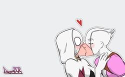 2girls blonde_hair dagnibor eyes_closed eyes_open female_only gwen_poole gwen_stacy gwenpool heart_symbol kissing marvel mask masked masked_female spider-gwen spider-man_(series) white_background yuri