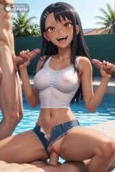 1girls 3boys :d ai_generated black_hair blush breasts brown_eyes clothed_female_nude_male clothed_sex clothing_aside collarbone covered_nipples cowgirl_position cowgirl_position crop_top cutoffs dark-skinned_female dark_skin denim denim_shorts double_handjob erection fangs gangbang group_sex hair_ornament hairclip handjob hayase_nagatoro hi_res long_hair looking_at_viewer lying medium_breasts midriff multiple_boys nagatoro_hayase nail_polish navel nipples nude oerba_yun_fang on_back open_fly open_mouth open_shorts outdoors panties patreon_username penis please_don't_bully_me,_nagatoro pool poolside pussy r34arts red_nails see-through sex shirt short_shorts shorts smile solo_focus spread_legs straddling straight tan tank_top tanlines uncensored underwear vaginal_penetration web_address white_panties white_tank_top