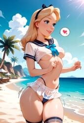 ai, ai_art ai_generated alice_(disney) alice_in_wonderland artist_name beach beach_chair, black_hairband black_sailor_collar blonde_hair blue_bow blue_eyes blue_sky blush bow bowtie breasts cloud cowboy_shot crop_top cropped_shirt day disney disney_princess female hairband heart highleg highleg_bikini highleg_panties lips long_hair medium_breasts microskirt miniskirt navel no_bra ocean outdoors palm_tree panties parted_lips patreon patreon_username sailor_collar sand school_uniform see-through see-through_shirt see-through_skirt serafuku shiny_skin shirt short_sleeves skindentation skirt sky smile solo spoken_heart stomach sunlight swimsuit tagme thick_thighs thighhighs thighs thong tree underboob underwear water wet wet_clothes wet_shirt white_shirt white_thighhighs xxai