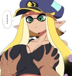 1boy 1girls agent_3_(splatoon) agent_3_(splatoon_3) breasts chicken_rib female grabbing grabbing_another's_breast grabbing_breasts green_eyes large_breasts male nintendo pointy_ears speechless splatoon splatoon_3 splatoon_3:_return_of_the_mammalians tentacle_hair
