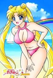adult_swim alluring beach big_breasts bikini bishoujo_senshi_sailor_moon bishoujo_senshi_sailor_moon_s blonde_hair blue_eyes boat breasts cleavage cleavage_cutout clothing_cutout day double_bun female hair_bun high_res long_hair looking_at_viewer open_mouth pin_up pink_bikini rainbow sailor_moon smile swimsuit tatsumi_kyouhei toei_animation toonami twintails usagi_tsukino very_long_hair watercraft