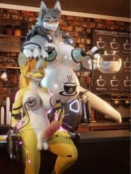 3:4 3d_(artwork) absurd_res animal_genitalia animal_penis anthro belly_tattoo big_breasts bodily_fluids breast_milking breasts cafe canid canine canis container cybernetic_arm cybernetic_eye cybernetic_leg cybernetic_limb cybernetics digital_media_(artwork) duo equid equine equine_genitalia equine_penis eyewear female genitals gynomorph ha1 haolde hi_res horse huge_breasts hybrid intersex intersex/female lactating latte_bonny looking_pleasured machine mamagen mammal milk_container milking_machine nude open_mouth penis pregnant smile smiley_face sunglasses tattoo wolf