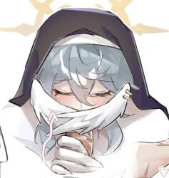 2boys black_hat blush closed_eyes crossdressing crossdressing_(mtf) cum cum_on_body cum_on_penis double-parted_bangs erection eyelashes fellatio gallagher_(honkai:_star_rail) grey_hair hair_between_eyes halo halo_behind_head hat head_wings honkai:_star_rail honkai_(series) male male_focus multiple_boys oral out_of_frame penis shy solo_focus sunday_(honkai:_star_rail) white_background white_wings wings xuv4io yaoi