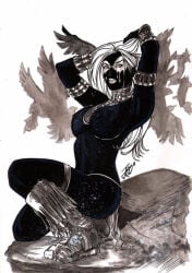 1girls 2017 big_breasts breasts dark-skinned_female dark_skin east_of_west female female_only josileudo native_american native_american_female nipples solo traditional_media_(artwork) west_crow_(character)