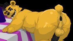 animated anthro anus ass backsack balls bear belly bent_over black_eyes bow_tie clothing digital_media_(artwork) five_nights_at_freddy's genitals golden_freddy_(fnaf) hat headgear headwear hip_sway humanoid male mammal myuger nude penis pixel_(artwork) pixel_animation presenting presenting_hindquarters pupils scottgames slightly_chubby smile smiling_at_viewer solo tail top_hat white_pupils yellow_body