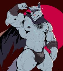 abs anthro arm_tuft arm_wrapping arm_wraps armpit_hair bara barazoku biceps big_muscles black_clothing black_nipples black_underwear blep bodily_fluids body_hair bulge canid canine canis cheek_tuft chin_tuft circle_background cloak clothed clothing daddy death_(puss_in_boots) dilf dreamworks dripping ears_up elbow_tuft facial_markings facial_tuft fist flexing full_moon fur fuzzy genital_fluids grey_body grey_fur head_markings head_tuft heart_symbol hi_res lan_stsriron looking_at_viewer male mammal markings mask_(marking) moon muscles muscular muscular_thighs navel nipples pantsless pecs pointy_ears precum precum_drip precum_through_clothing precum_through_underwear prick_ears pubes puss_in_boots_(franchise) raised_arm red_background red_eyes red_moon simple_background smile solo standing tail tongue tongue_out torn_clothing tuft underwear wet wet_clothing wolf wrapped_arms wraps zipper zipper_underwear