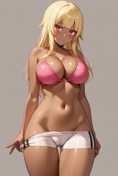 1girl ai-created ai_generated bangs bare_arms bare_shoulders bikini bikini_shorts bikini_top bikini_top_only blonde_hair blunt_bangs blush boyshorts bra breasts cameltoe clavicle cleavage closed_mouth clothes_pull clothing dark-skinned_female dark_skin eyebrows female female_only gluteal_fold gokukoku_no_brynhildr groin halterneck high_resolution large_breasts long_hair looking_at_viewer midriff navel pink_bikini pink_swimsuit portrait pulled_by_self red_eyes rena_aikawa_(pixiv_user) shiny shiny_skin short_shorts shorts shorts_pull sidelocks skindentation smile solo standing stomach striptease swimsuit tachibana_mina_(gokukoku_no_brynhildr) tanned thigh_gap thighs underwear white_shorts