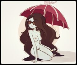 1girls 2016 adventure_time arm_support artist_name artist_signature bite_mark black_hair breasts earrings female female_focus female_only grey_skin kt-draws long_hair marceline nipples nude open_mouth pubic_hair sitting smile solo sunglasses sunscreen umbrella vampire