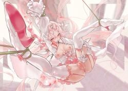 :o anus arcaea ass ass_visible_through_thighs bottomless breasts cleavage female hikari_(arcaea) hikari_(fatalis)_(arcaea) medium_breasts nipples no_panties pussy suspended_in_midair thighs tied_arm tied_legs toqin_(munm2577)