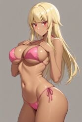 1girl ai-created ai_generated bangs bare_arms bare_shoulders bikini bikini_bottom blonde_hair blush breasts cameltoe clavicle cleavage closed_mouth clothing dark-skinned_female dark_skin female female_only gokukoku_no_brynhildr groin halterneck hands_on_own_chest high_resolution jewelry large_breasts long_hair looking_at_viewer navel pink_bikini pink_swimsuit portrait red_eyes rena_aikawa_(pixiv_user) side-tie_bikini side-tie_bikini_bottom side-tie_clothing side-tie_swimsuit sidelocks skindentation smile solo standing stomach string_bikini striptease swimsuit tachibana_mina_(gokukoku_no_brynhildr) thigh_gap thighs underboob