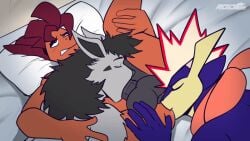 16:9 amphibian anal animated anthro bed bed_covers bedding bedding_background bedroom bedroom_sex black_hair bodily_fluids canid canine dimitri_(nezuruiart) electricity fan_character fellatio frog fur furniture fusion genitals greninja grey_body grey_fur group hair hybrid hybrid_pokemon kisei_(nezuruiart) lizard male male/male mammal mightyena nintendo oral oral_sandwich orange_body orange_scales penile penis pillow pokemon pokemon_(species) pokemon_fusion purple_body purple_skin red_hair reptile rimming rimming_male roidelcoco salamander saliva saliva_on_penis scales scalie scrafty sex short_playtime tongue toxtricity trio widescreen yellow_body yellow_skin